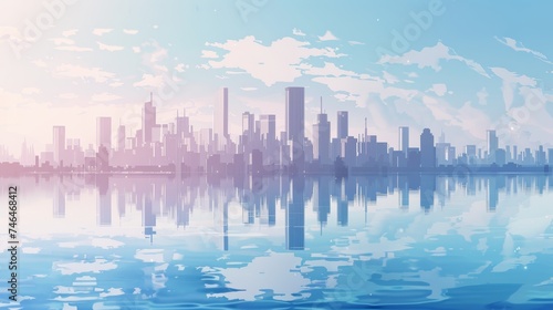 Tranquil Anime Landscape - Futuristic Cityscape in Blue & Silver