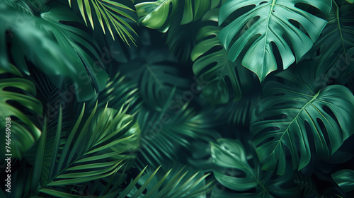 Lush monstera and tropical foliage in dark green hues background.