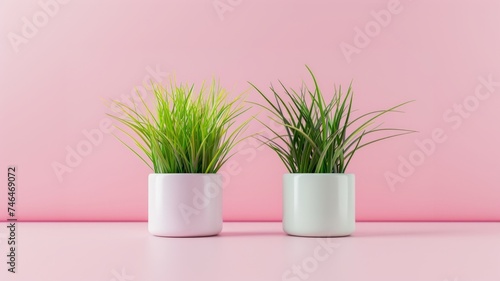 Two pots with green grass on pastel rose background. Modern nature wallpaper. 