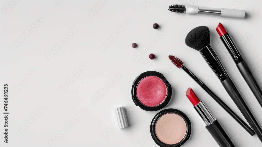Top view of set of women's makeup cosmetics on white background. Women's Cosmetics and Accessories Top view of set of women's makeup cosmetics on white background. Women's Cosmetics and Accessories