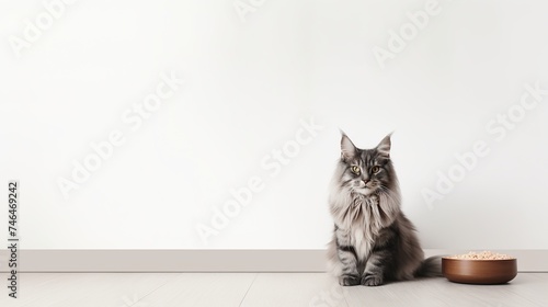Large tall adult brown Maine Coon cat with a large fluffy tail and pronounced features of a state Maine forest cat, sits on a light wooden floor in a light room next to a bowl of dry food, copy space © Lena_Fotostocker
