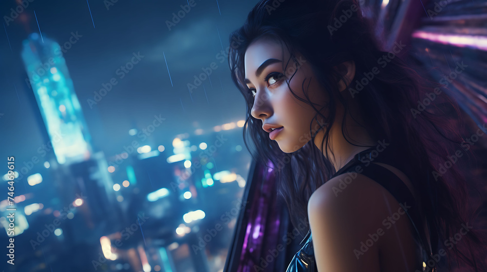 Beautiful Asian woman with model looks, standing on the rooftop of a cyberpunk building with a futuristic view.