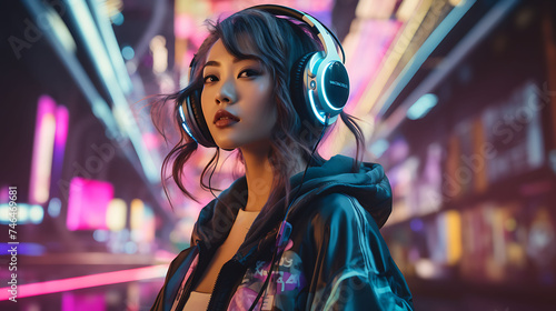 Beautiful Asian woman with model looks, wearing futuristic headphones, listening to music in a cyberpunk park