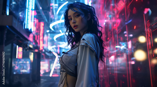 Beautiful Asian woman with model looks, posing against giant advertising screens in a cyberpunk city.