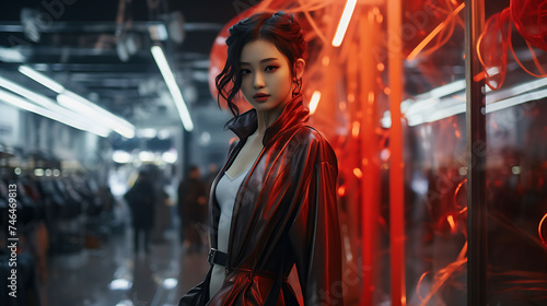 Beautiful Asian woman with model looks, shopping for cyberpunk clothing in a high-tech store.