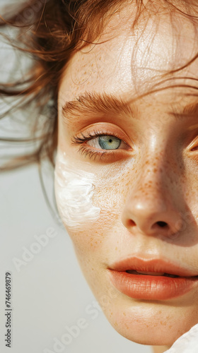 Close-up of young caucasian girl with aesthetic rough smear of face cream. Light background with sun rays. Generative AI