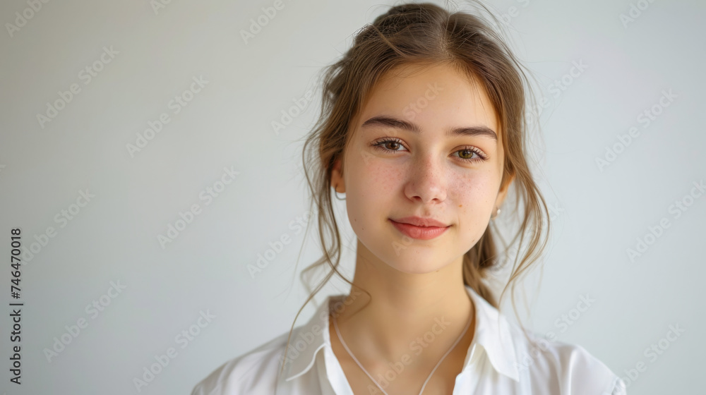 A young woman with a gentle smile wearing a white shirt stands against a neutral background, her hair loosely tied with strands framing her face. A young woman with a gentle smile wearing a white shirt stands against a neutral background, her hair loosely tied with strands framing her face.