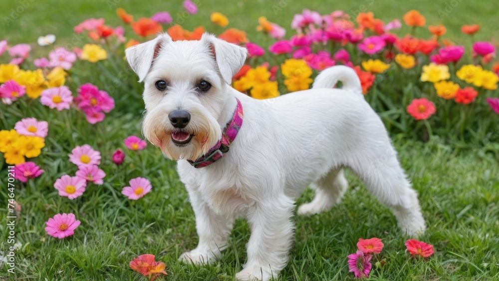 White miniature schnauzer dog in flower field White miniature schnauzer dog in flower field