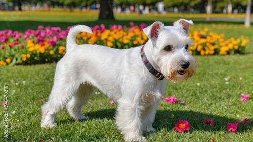 White miniature schnauzer dog in flower field