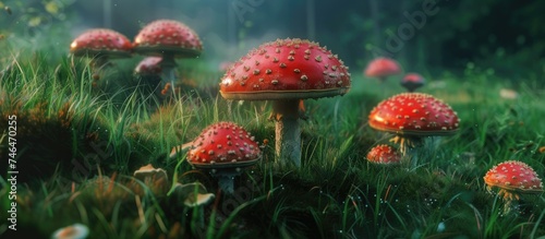 A cluster of toxic red mushrooms stands out against the backdrop of a vibrant, grassy field. These poisonous fungi serve as a stark contrast to the otherwise serene landscape.