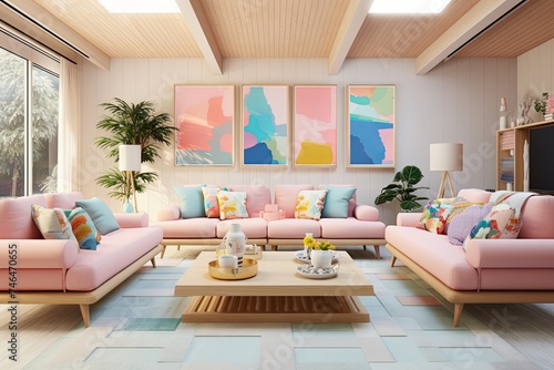 Bright Pastel Living Room: Mid-Century Homes Featuring Stylish Pastel Sofas © Michael