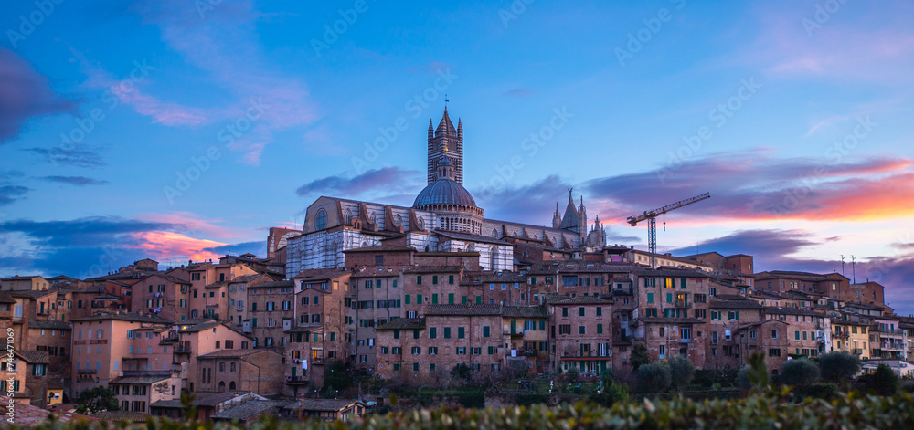 Fototapeta premium Panoramic view of the cathedral of Siena at sunset, Italy, pink