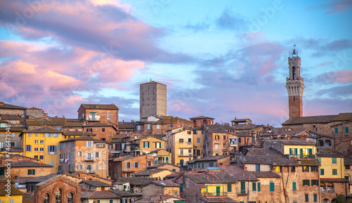 panorama of Siena at sunset, pink, Italy