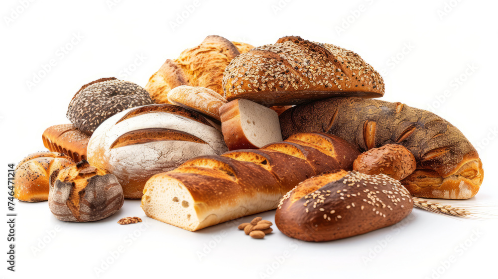 An assortment of freshly baked several sorts of breads on a white background. Concept: culinary blog topics and bread recipes