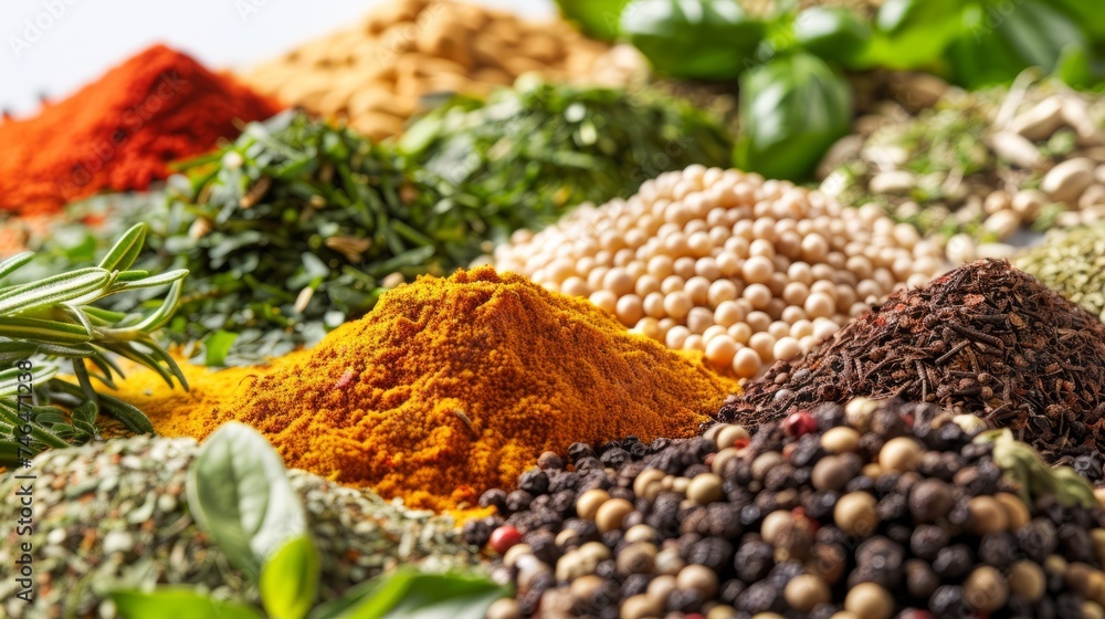 A close-up shot of various spices and herbs, including red chili powder, turmeric, mustard seeds, black pepper, and others A close-up shot of various spices and herbs, including red chili powder, turmeric, mustard seeds, black pepper, and others