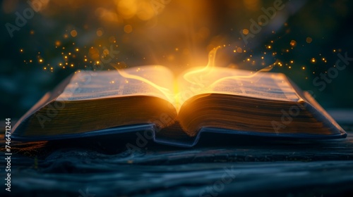 An open book with its pages aglow due to a mystical, sparkling light emerging from the center. A sense of mystery and magic as if the book contains powerful knowledge or is enchanted. photo