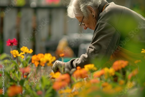 An elderly person with glasses tends to bright garden flowers, immersed in the task
