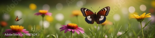 Frühlingsblumenwiese mit Schmetterlingen im Bannerformat. © Juergen Baur