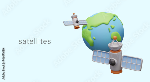 Satellites with solar panels fly around Earth. Realistic vector template