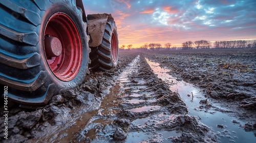 Tractor track in wet field. photo