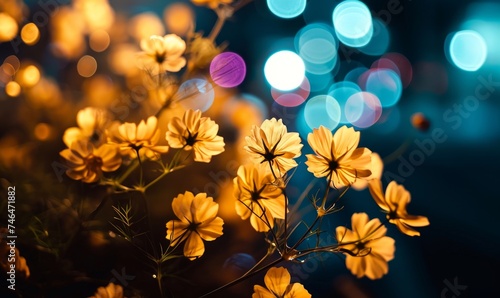 Blurry flowers, bokeh shaped like flowers, blurred lights, depth of field, blurred flower background, yellow flowers on a dark background, Generative AI