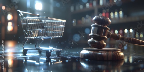 Consumption and justice, anti-counterfeiting, shopping and fairness，Wooden judge gavel and shopping cart on black table. Commercial law and consumers rights concept photo