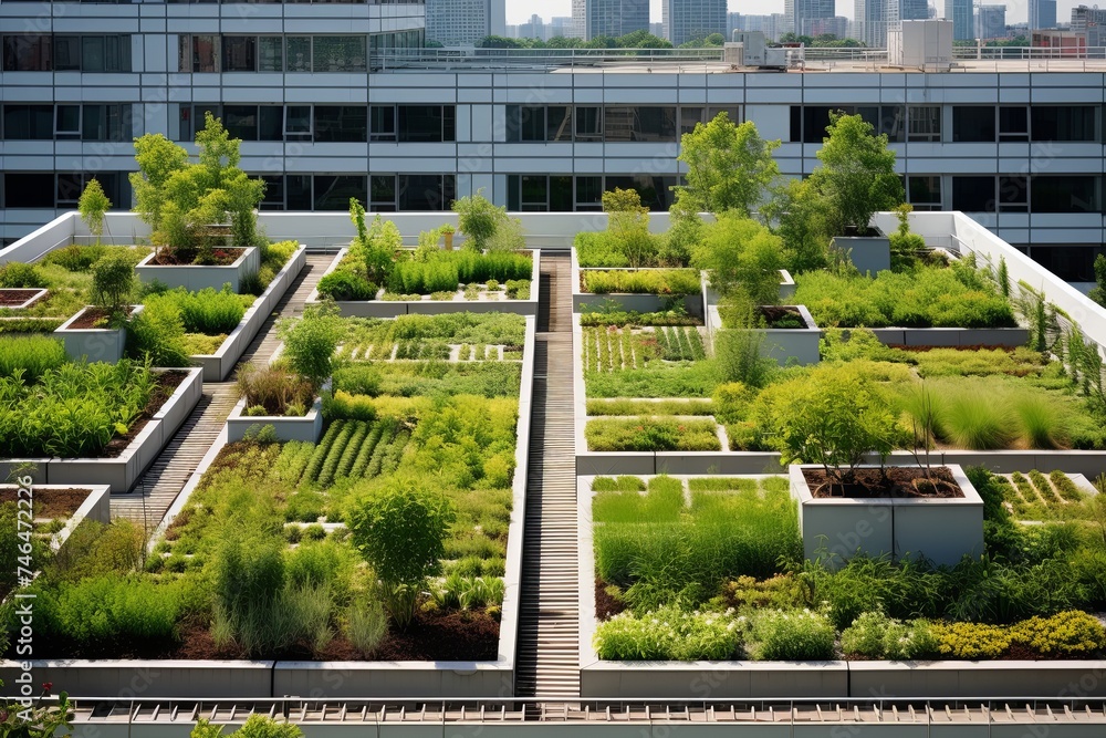 Obraz premium Grid Plant Layouts: Modern Minimalist Rooftop Garden Designs in Urban Scene