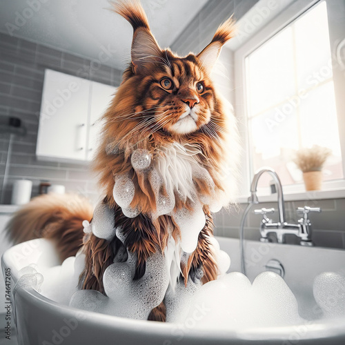 A Maine Coon cat sits calmly in a bathtub filled with water, showcasing the grooming aspect of Maine Coon care photo