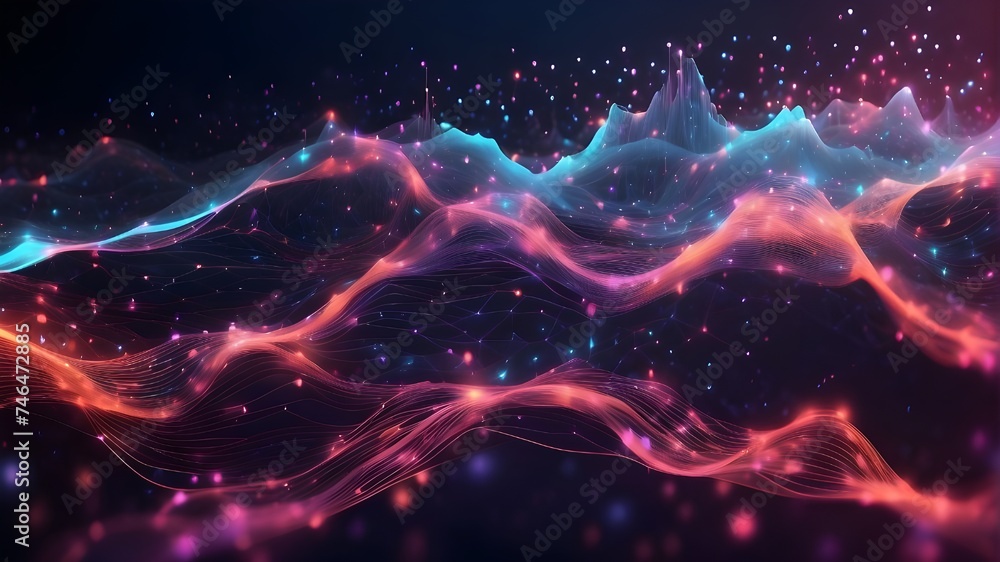 Big data flow in cyberspace, blockchain fields for data,Connect stream to network line, AI technology concept, digital communication, scientific research, and three-dimensional illustration music wave - obrazy, fototapety, plakaty 