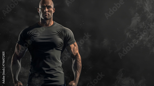 large male athlete in a black T-shirt on a black background