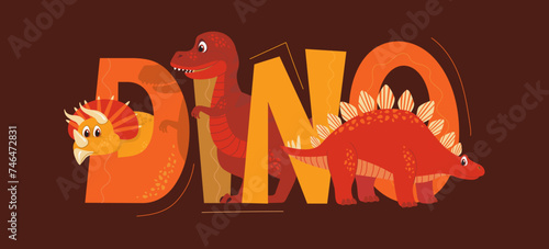 Cute dinosaur t-shirt design with text Dino and funny characters