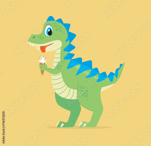 Cute dinosaur character eating ice cream