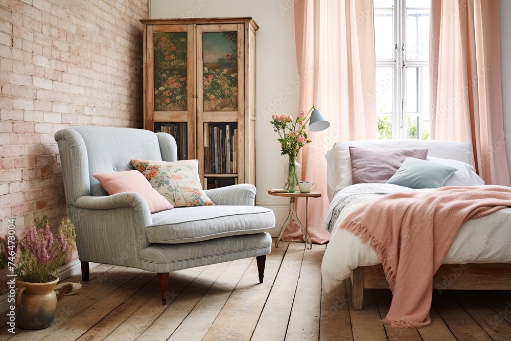 Fototapeta premium Pastel Armchair Paradise: A Modern Eclectic Mix Bedroom with Rustic Floor and Serene Sanctuary Vibes