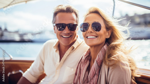 Smiling caucasian middle age couple enjoying leisure sailboat ride in summer © dvoevnore