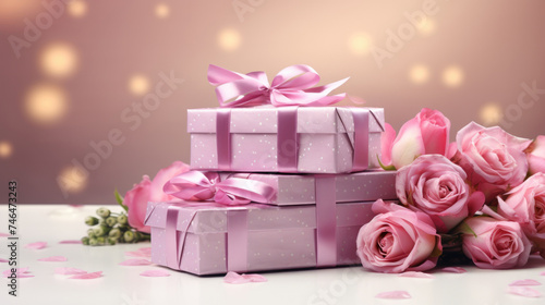 Gifts for March 8th, Mothers day, Pink Present boxes background, copy space © dvoevnore