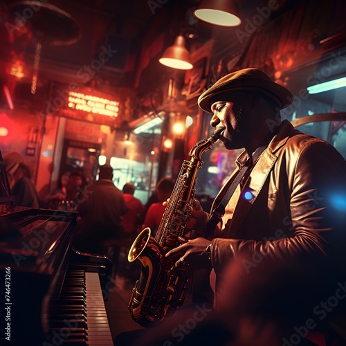 Vintage jazz club scene with an admirable saxophonist  vibrant lights  and a lively audience. Capture the soulful essence. 