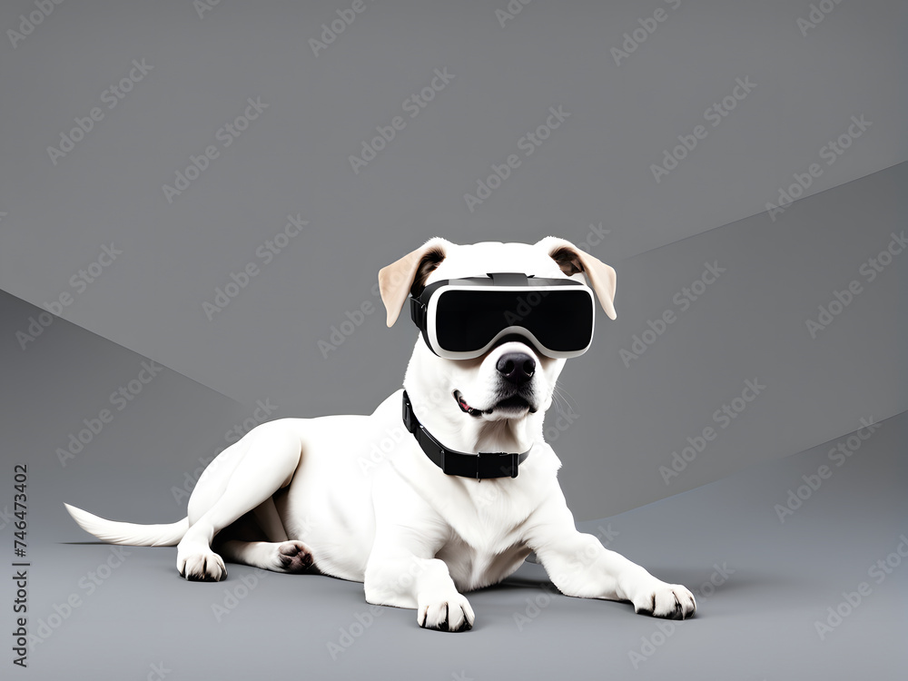 VR headset technology showcase. Explore the future of gaming technology with this 3D visualization featuring a dog in a VR headset