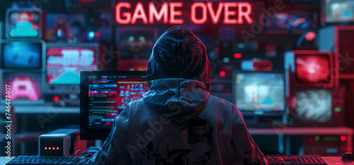 Game over concept with hooded video gamer or hacker photo