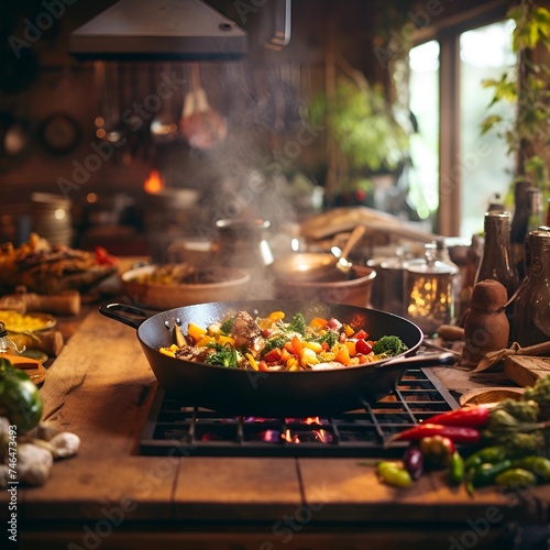 Wide-angle shot of a rustic kitchen during a bustling cooking session, with a chef expertly flipping a sizzling, colorful stir-fry in a cast iron pan over an open flame. Ingredients freshly harvested 