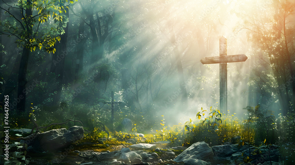 Naklejka premium Cross in a Forest An Ethereal Illustration in Nature