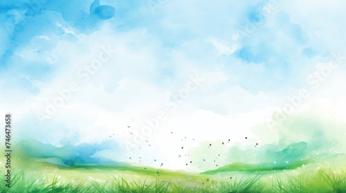Watercolor landscape with green meadow and blue sky.