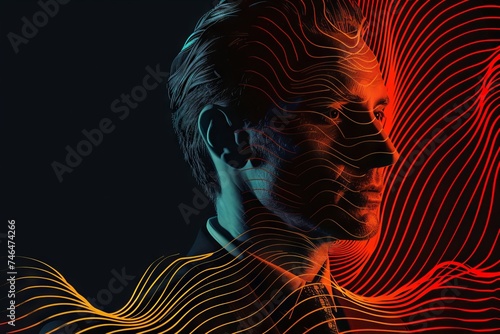 A businessman, in the style of digital wavy lines, modern technology.