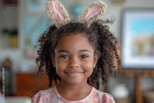 Criança com tiara de orelha de coelho. (ID: 746474804)