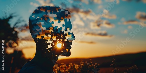 World Autism Awareness Day,banner,silhouette of human head against sky with puzzle pieces and sunlight,place for text,concepts of inclusivity, diversity, awareness,help, mental illness,brain diseases photo