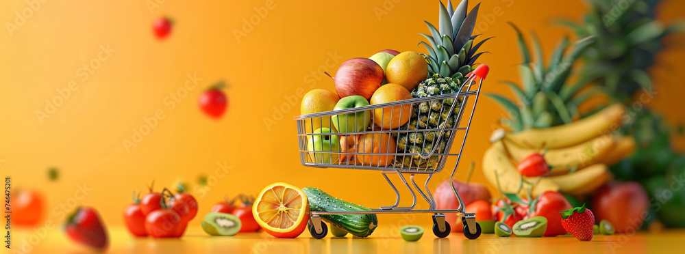 Colorful Grocery Shopping Delight with Fresh Fruits and Vegetables