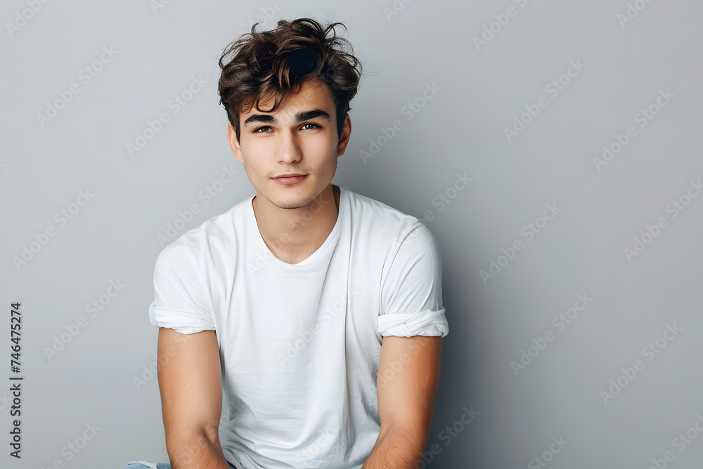 Young handsome man model in white t-shirt posing on light grey background Young handsome man model in white t-shirt posing on light grey background