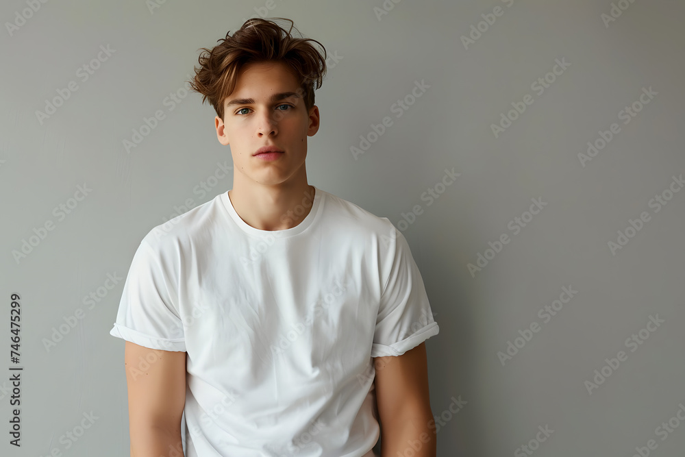 Young handsome man model in white t-shirt posing on light grey background Young handsome man model in white t-shirt posing on light grey background