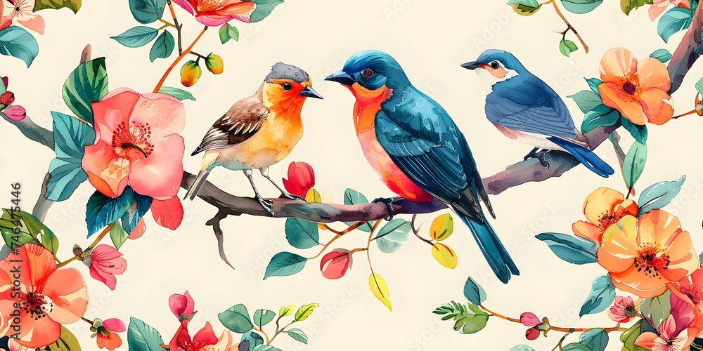 Watercolor illustrations of birds, animals, and plants in an exotic pastel pattern seamless background. Concept Watercolor Illustrations, Birds, Animals, Plants, Exotic, Pastel Pattern