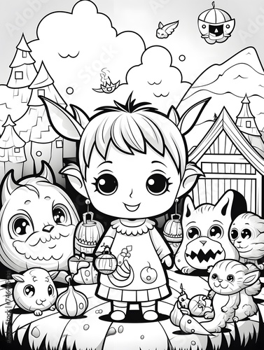 Pictures of monsters and adventure kids for coloring books. Vector illustration