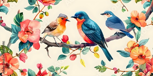 Watercolor illustrations of birds, animals, and plants in an exotic pastel pattern seamless background. Concept Watercolor Illustrations, Birds, Animals, Plants, Exotic, Pastel Pattern © Anastasiia